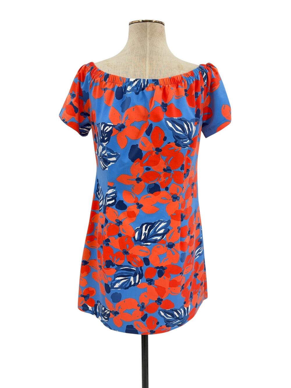 Mahi Gold Rae Off Shoulder Floral Print Stretch Mini Dress Blue Orange Medium